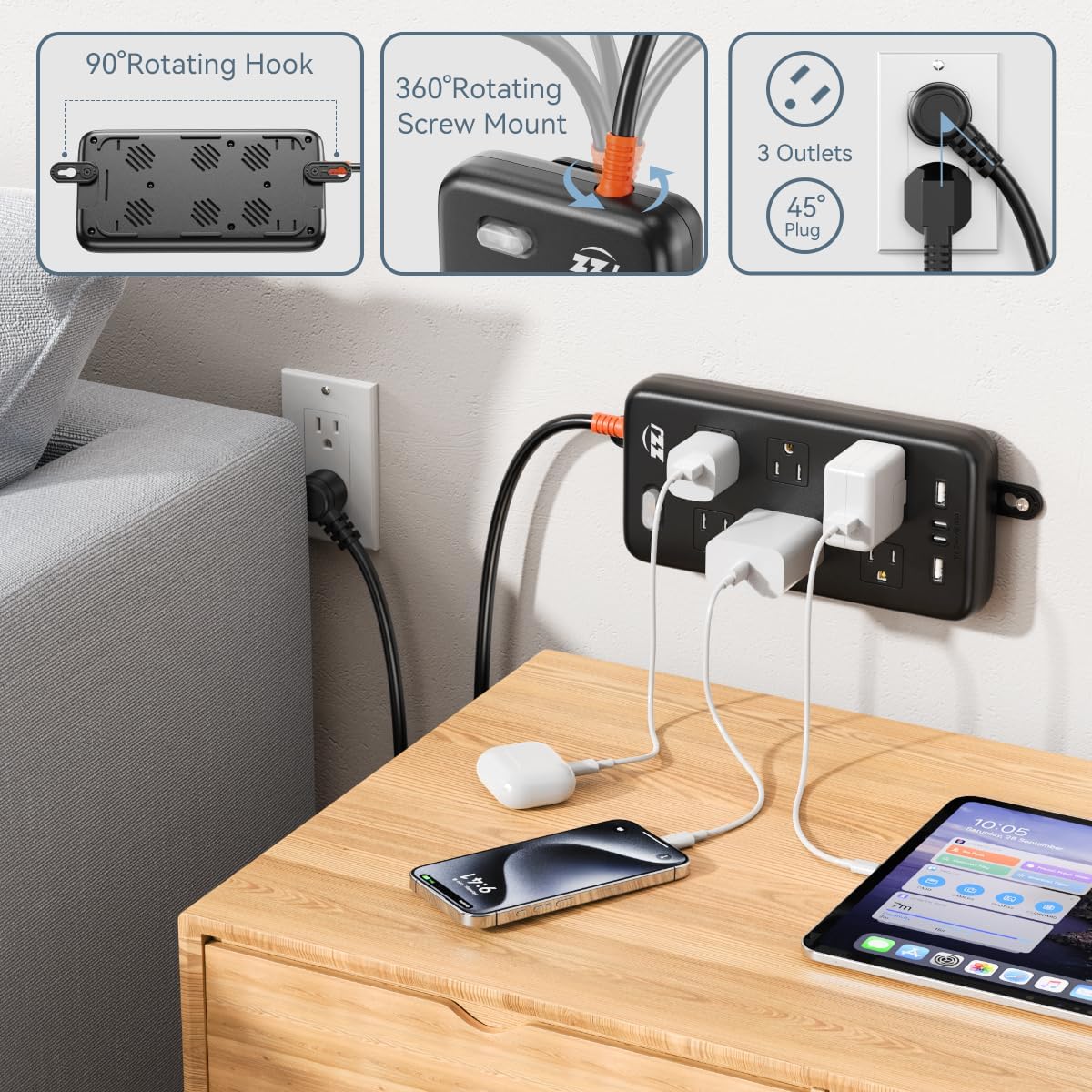 Power Strip Weatherproof, 10-in-1 Surge Protector with 6 Wide Outlets 2USB A and 2USB C,1875W/15A,10FT Flat Plug Multi-Plug Outdoor Extension Cord for Indoor Outdoor, UL FCC Listed