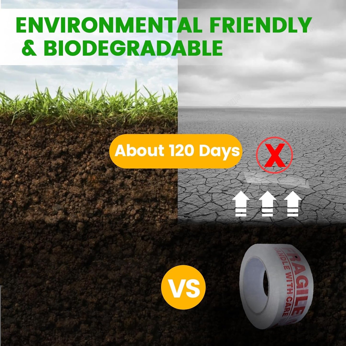 ADHES Fragile Tape, Biodegradable Kraft Paper Tape - 2in x 55yds, 6 Rolls, Strong Adhesive, Eco-Friendly Paper Packing Tape for Shipping & Moving, Heavy Duty Protection for Fragile Items