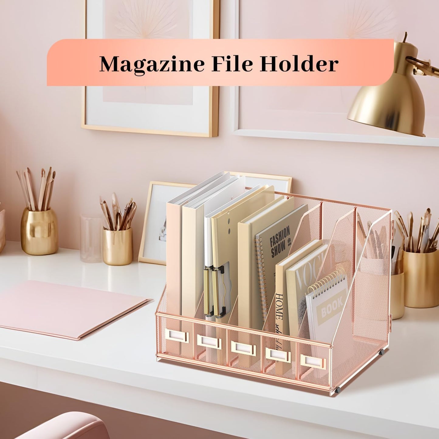 SUPEASY Desk Organizers Metal Desk Magazine File Holder with 5 Vertical Compartments Rack File Organizer for Office Desktop, Home Workspace, Rose Gold