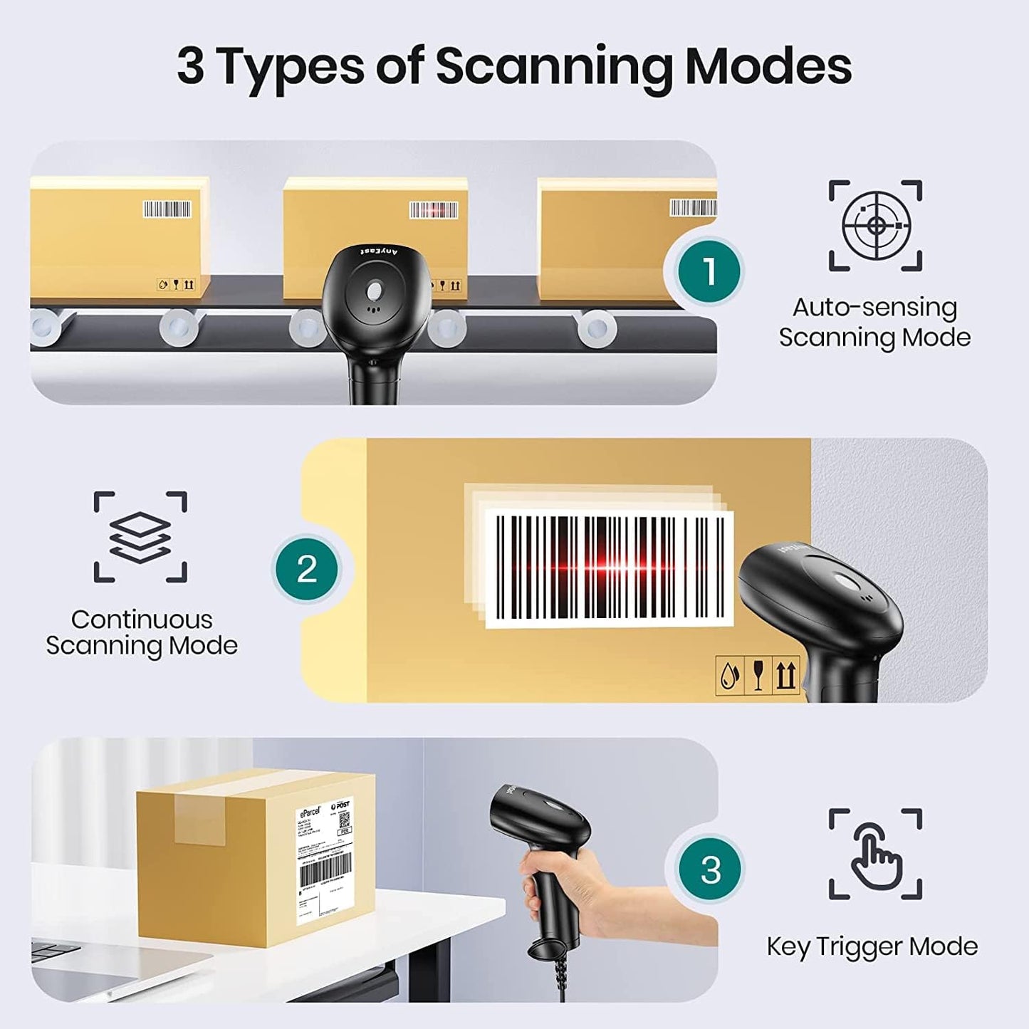 Barcode Scanner with Stand, USB Wired Inventory 2D 1D QR Code Scanner for Computer POS MAC with Automatic Screen Scanning, Handheld CMOS Image Bar Code Reader for Warehouse Library Supermarket