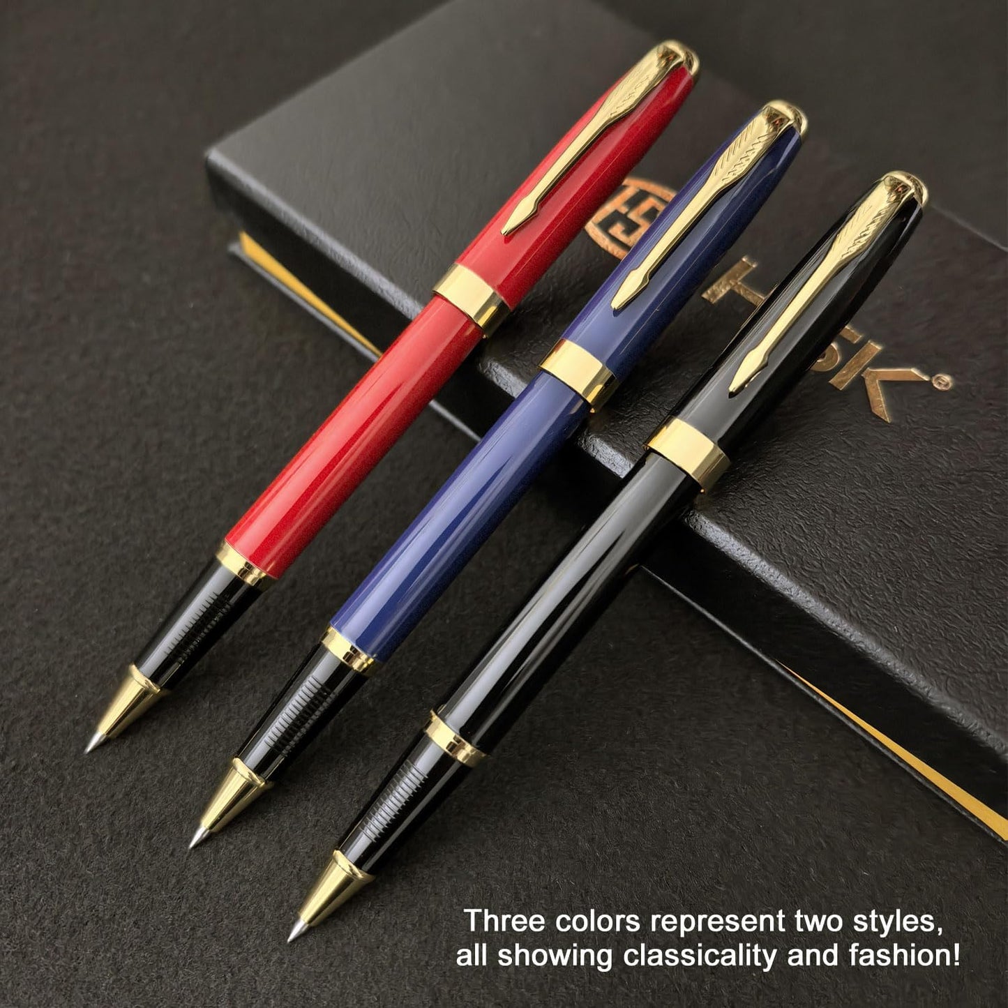 HSK Ballpoint Pens Executive Fountain Pen with Gold Trim, Gift Box Set, Available in Black, Red, Navy Blue,Black Refill Line width 0.5mm (Red)