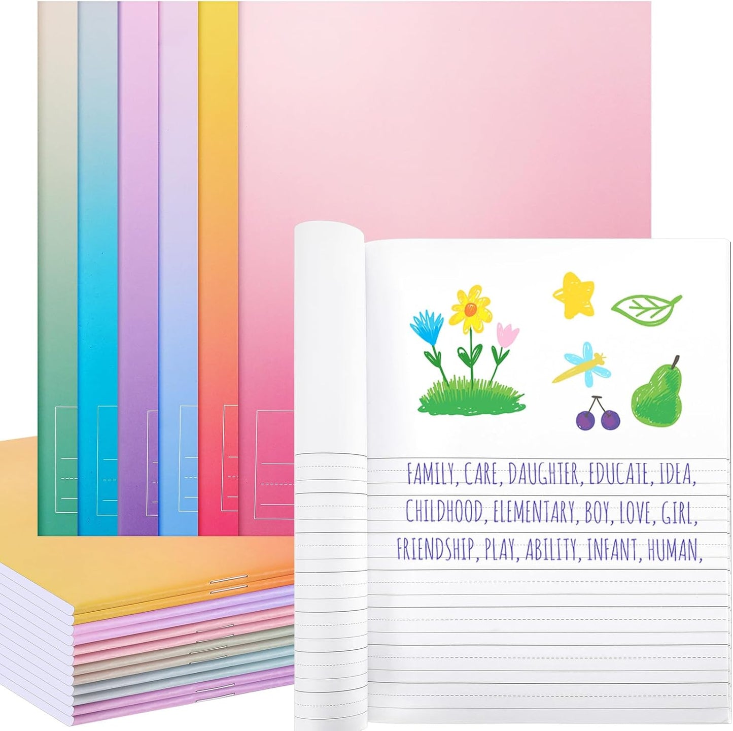 Henoyso 12 Pcs Primary Composition Notebook K-2 9 3/4 x 7 1/2 Inch Primary Journal, Back to School Supplies, Bulk Blank Writing Book for Kid to Write Draw Journal 60 Page Notebooks (Color Gradient)