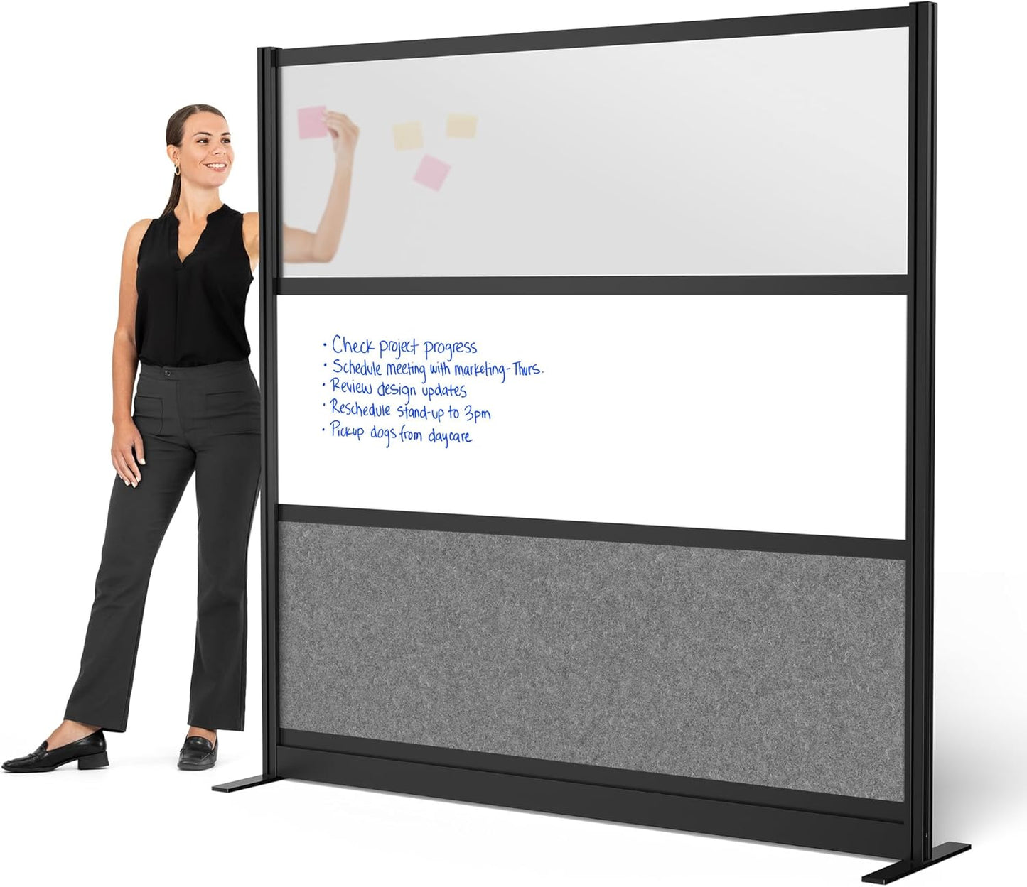 Stand Up Desk Store Workflow Modular Wall | 70'' x 70'' Wall | Expandable Partition Room Divider with Rearrangeable Frosted Acrylic, Sound Absorbent and Whiteboard Wide Panels (Black Frame)