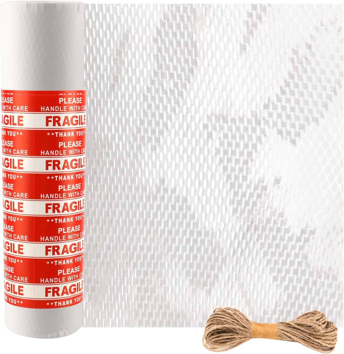 JAPCHET 15 In x 164 Ft White Honeycomb Packing Paper, Honeycomb Paper with Sticker Labels and 10 m Rope Honeycomb Wrap Roll for Packaging and Shipping