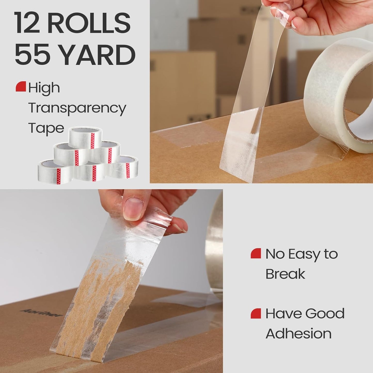 2 Pack Packing Tape Dispenser Gun with 12 Roll Packing Tape 2 Inch Gun 2.7 Mil Heavy Duty Packaging for Shipping, Moving, Carton and Box Sealing(Black and Red)