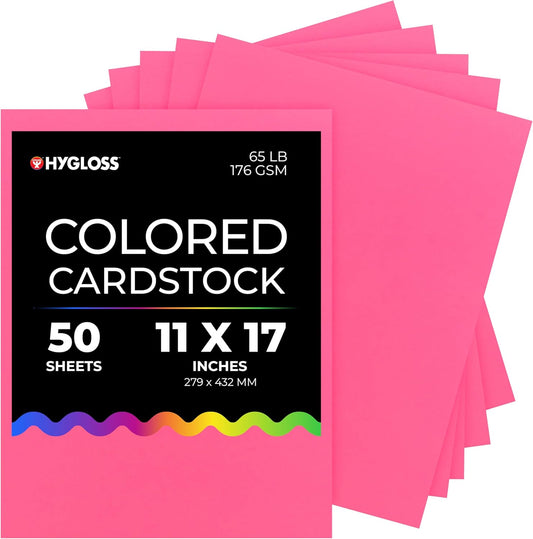 Hygloss Pink Bright Colored Cardstock - 11x17-Inch, 50 Sheets, 65 lb/ 176 gsm, Fade-Resistant, Acid-Free Color Card Stock Paper