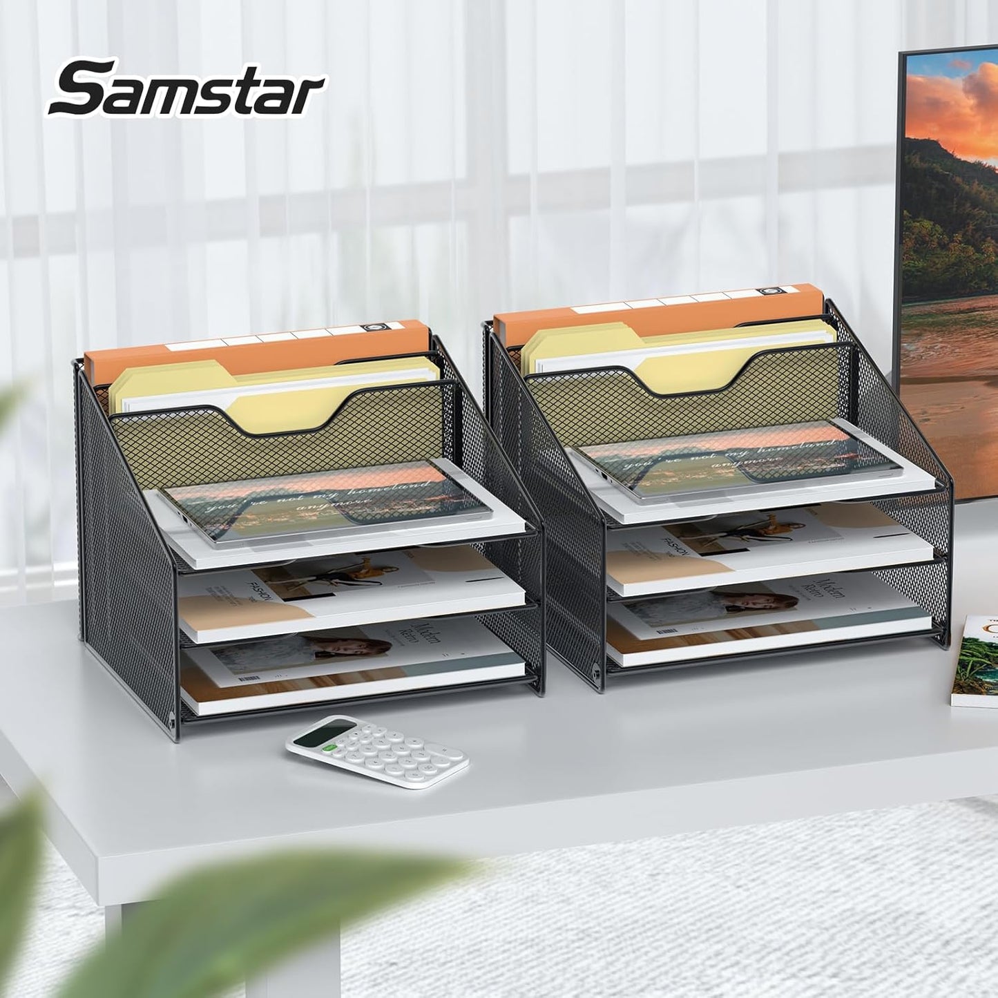 Samstar 2 Pack Mesh Desk File Organizer Letter Tray Holder, Desktop File Folder Holder with 3 Paper Trays and 2 Vertical Upright Section, Black