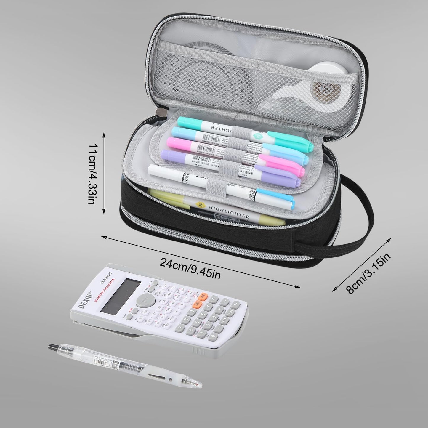 Pencil Case Large Zipper Pencil Pouch for Girls Kids Teens Adults Aesthetic Pencil Bag Stationery Organizer Pencil Case with Handle for School Black