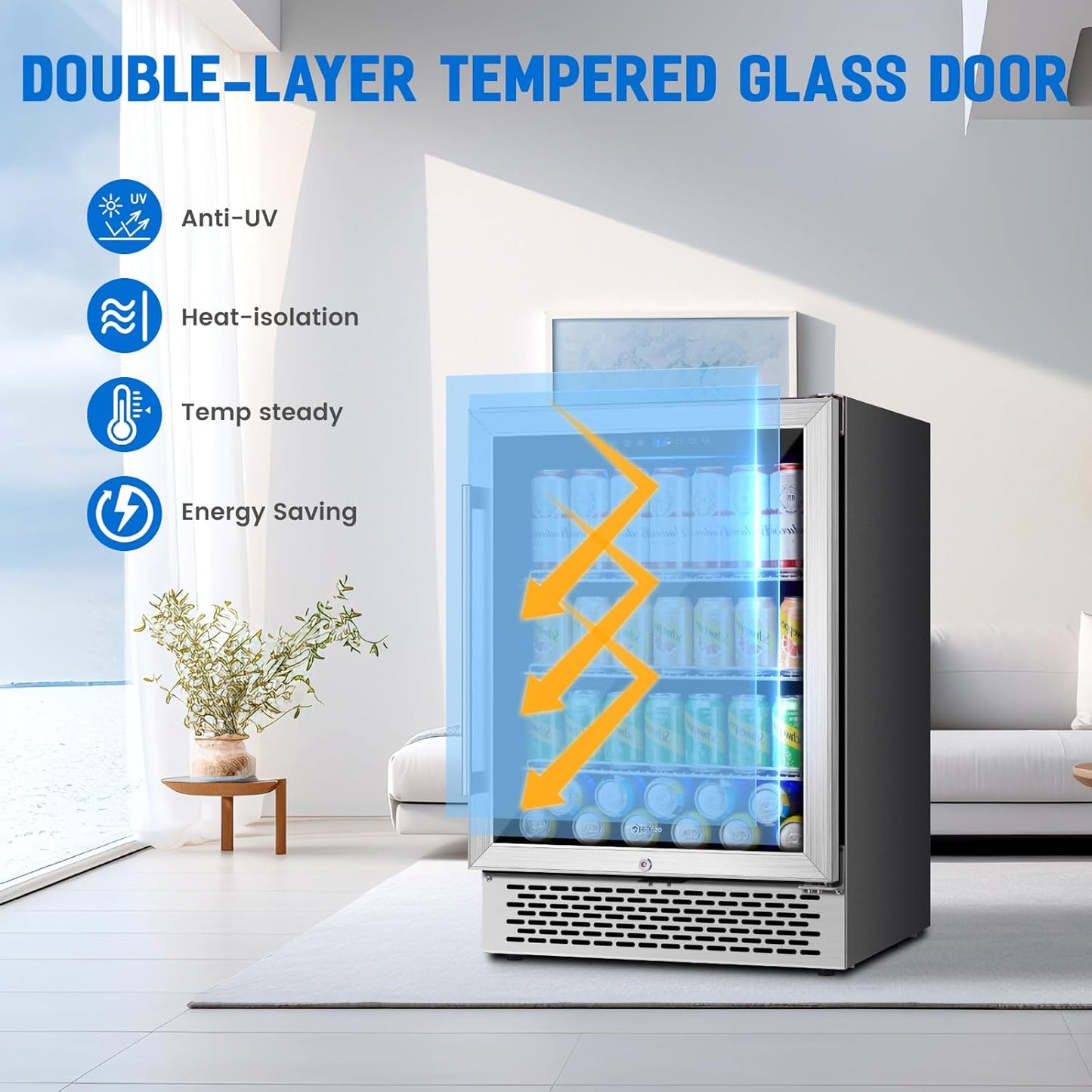 24 Inch Beverage Refrigerator Under Counter, 190 Cans Beverage Fridge Built-in/Freestanding with Double Tempered Glass, 37-64°F Low Noise Drink Fridge Perfect for Kitchen/Bar/Office(4.9 cu.ft)