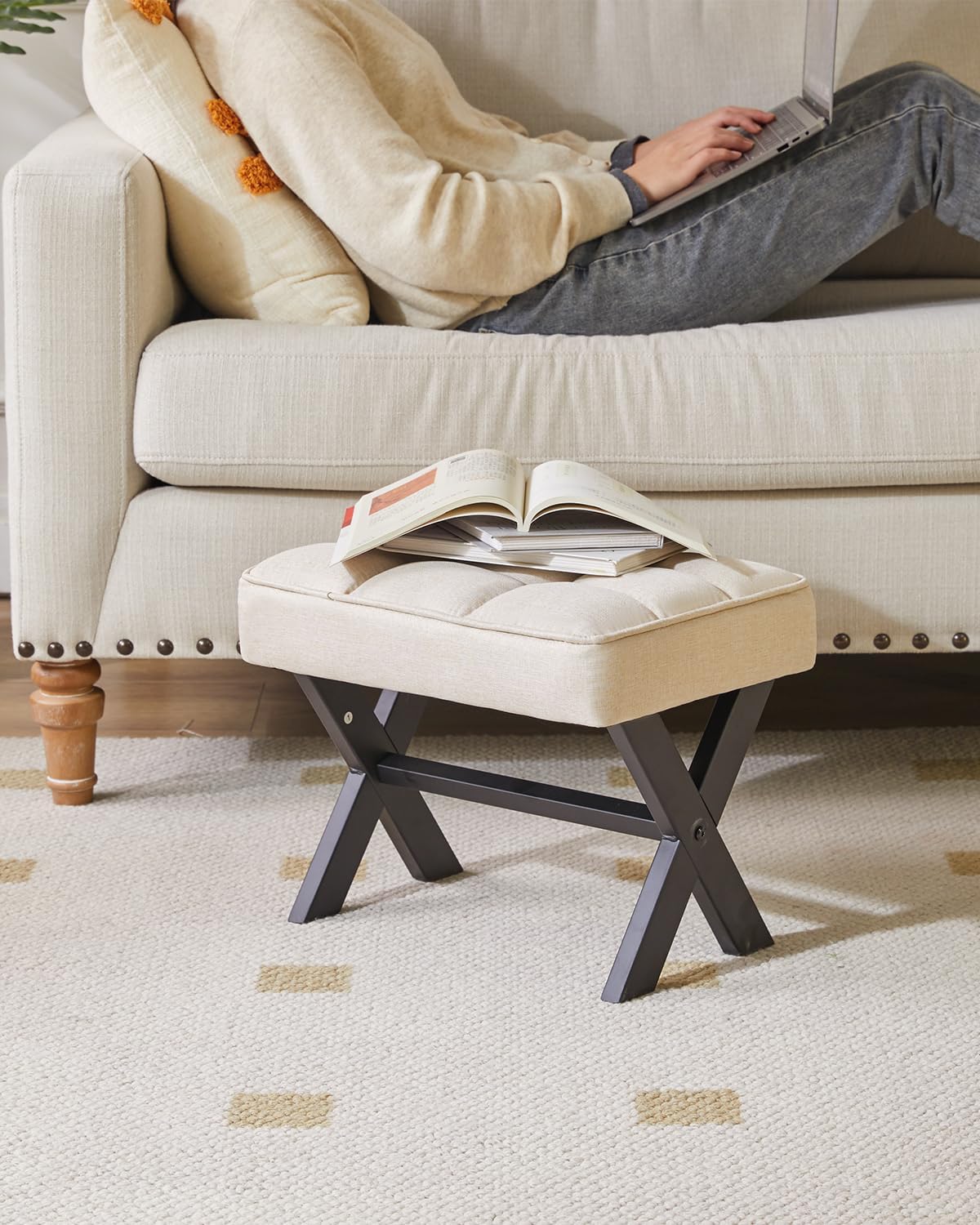 IBUYKE Small 12" H Footrest Stool, Square Linen Foot Stool with Metal X-Leg, Multi-Use as Small Side Table, Step Stool for Living Room, Bedroom, Entryway, Office, Linen WBD011Y