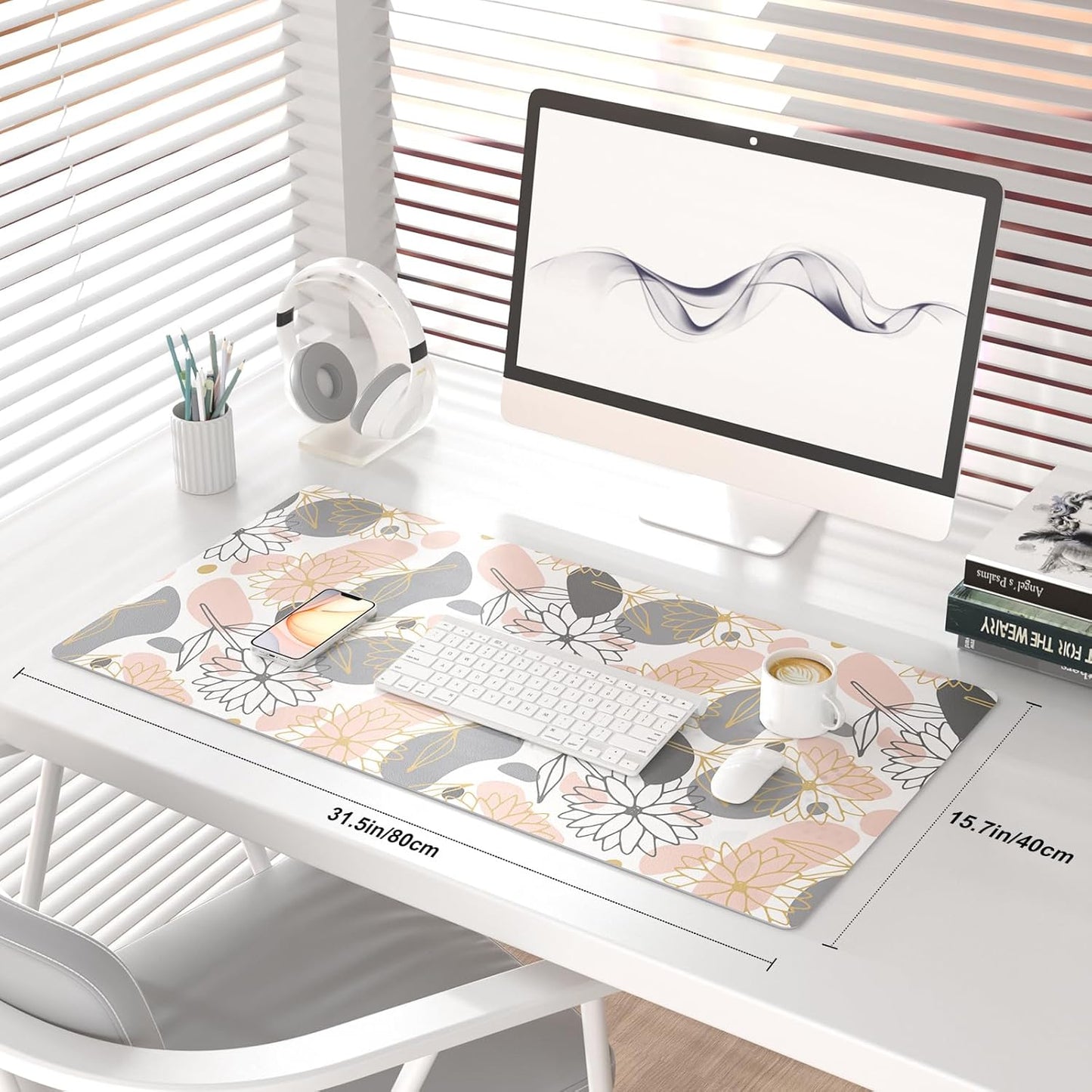 QiyI Large Mouse Pad, Extended Desk Mat for Desktop, PU Leather Waterproof Gaming Mousepad, Computer Desk Accessories Protector Writing Pads for School Office Home 31.5" x 15.7" - Line Art Flowers