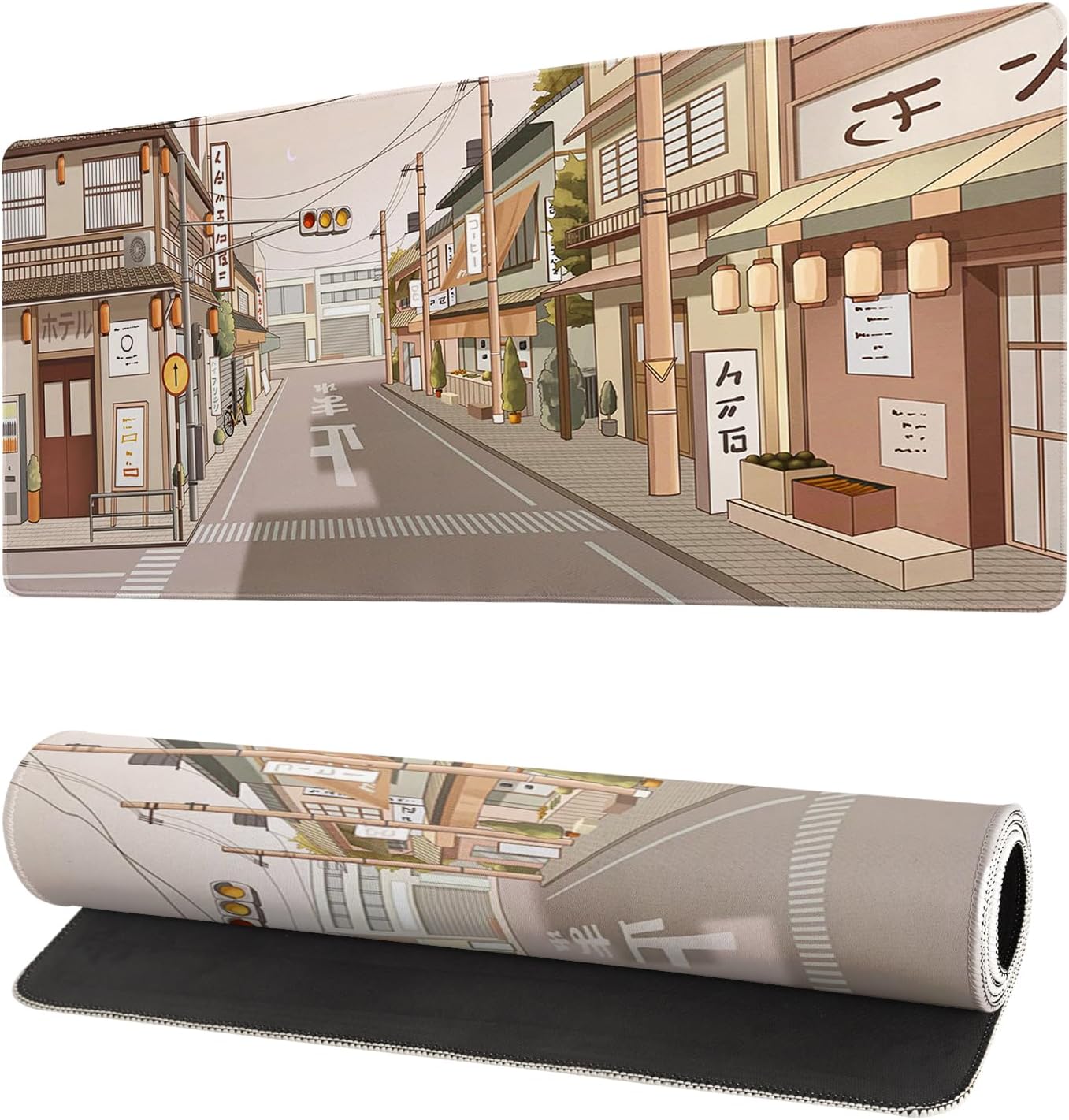 Tokyo Street Mouse Pad Anime Japanese Desk Mat Kawaii Large Gaming Mousepad XL Beige Cute Mousepad Gaming Non-Slip Rubber Base Stitched Edges Keyboard Mouse Mat Desk Pad for Office Home and Game