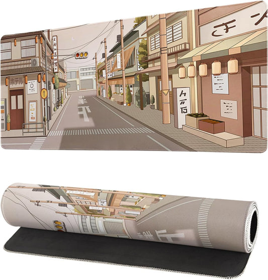 Tokyo Street Mouse Pad Anime Japanese Desk Mat Kawaii Large Gaming Mousepad XL Beige Cute Mousepad Gaming Non-Slip Rubber Base Stitched Edges Keyboard Mouse Mat Desk Pad for Office Home and Game