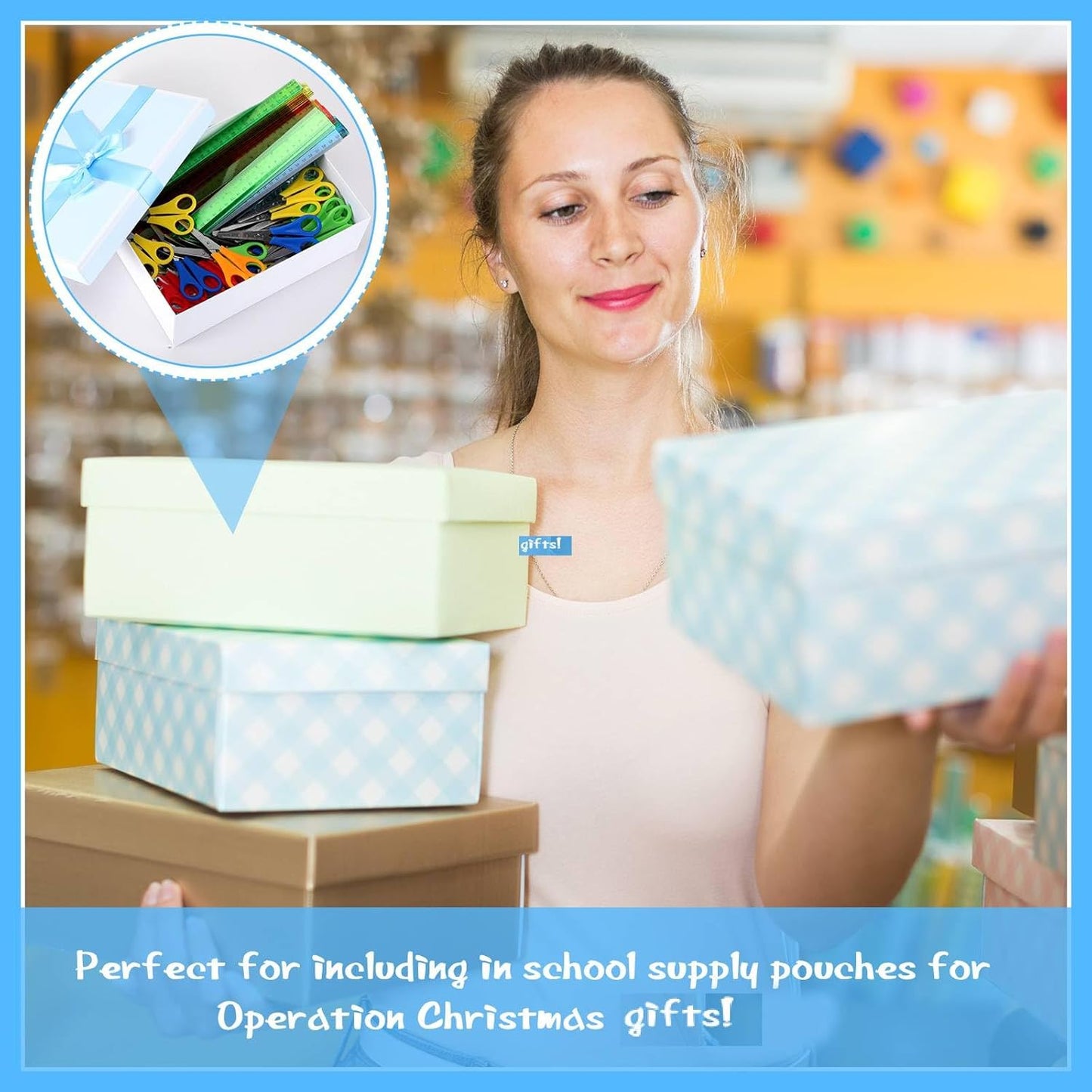 PerKoop 200 Pcs School Supplies with 100 Pcs Safety Blunt Tip Student Scissors 100 Pcs 12 Inch Plastic Rulers Back to School Supply Kit for Operation Christmas Charity Donation Supplies (Cute Color)