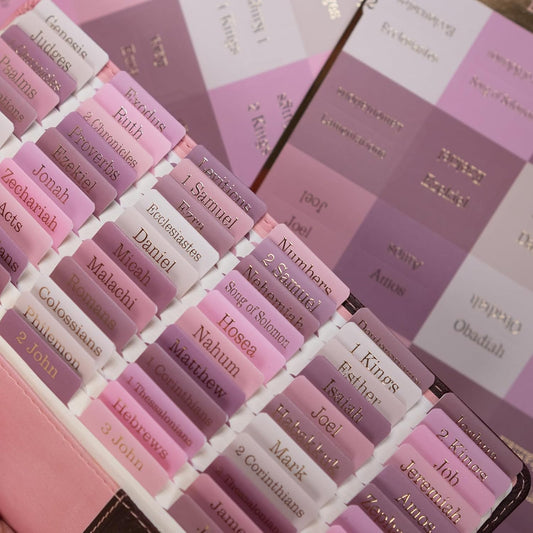 UPAFEXXI-Laminated Bible Tabs for Women and Men (Gold Foil Embossed Lettering) Reposition Large Print tabs, Easy to Read and Apply, 80 Bible Chapters Labels for Easy Navigation(Pink and White)
