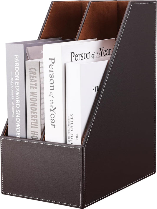 KINGFOM Wooden Leatherette Desktop File Folder Organizer and Document File Stand Journals Magazine Rack 2 Slots (brown)