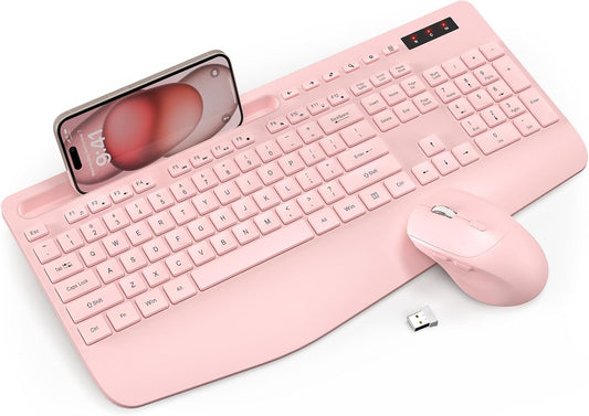 Wireless Keyboard and Mouse Combo - Full-Sized Ergonomic Keyboard with Wrist Rest, Phone Holder, Sleep Mode, Silent 2.4GHz Cordless Keyboard Mouse Combo for Computer, PC, Laptop, Mac, Windows -Trueque