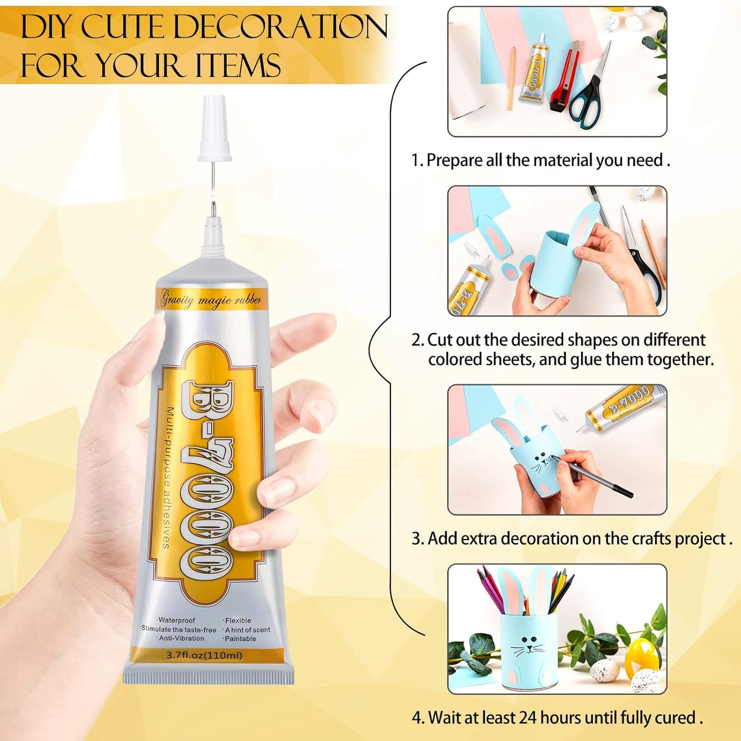 B7000 Rhinestone Jewelry Glue Clear, B-7000 Glue 3.7 fl oz Upgrade Multi-Function Adhesive Super Glue with Cap & Precision Tip for Repair, Small Hobby Models, Metal Stone Crafts, Fabric, Shoes(110ML)