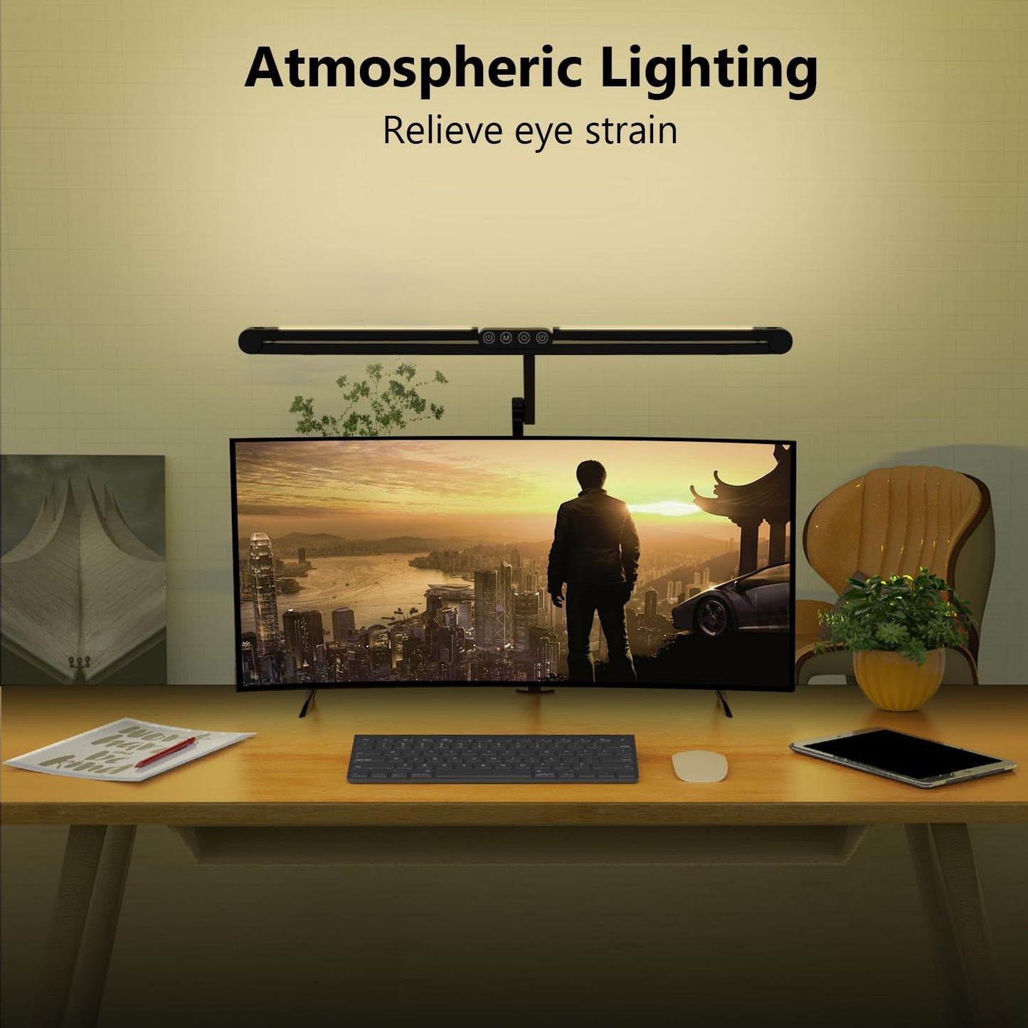 Micomlan 36W Bright Led Desk Lamp with Clamp, 47 Inches Long Architect Desk Lamp Home Office, Dimmable Table Light with Remote Adjustable Monitor Light Bar Tall Office Lighting for Computer Desktop