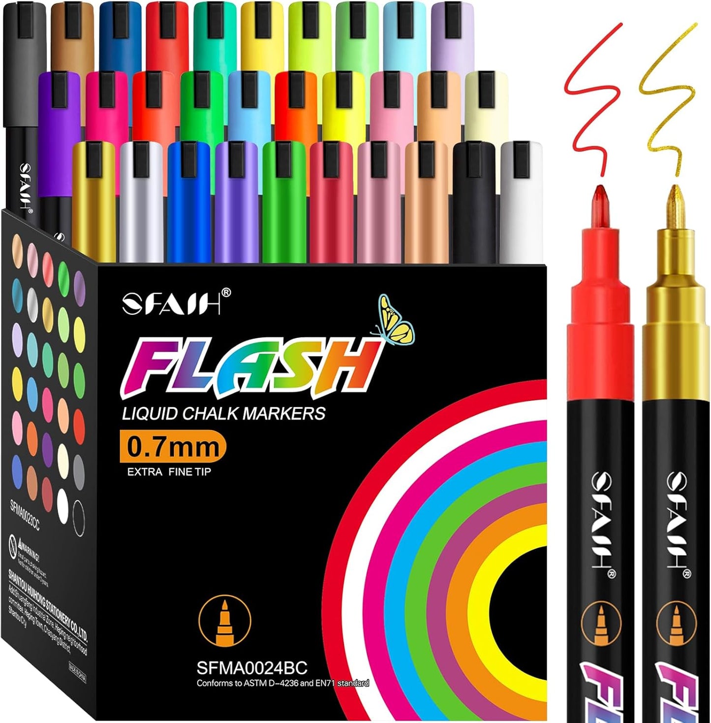 SFAIH Fine Tip Liquid Chalk Markers for Bhalkboard [1-Second Wet Wipe], 0.7-1mm 30 Colors [Neon+Pastel+Metallic], Chalk Pens for Chalkboard, Calendar, Windows, Glass, Includes Highlighter Color Marker