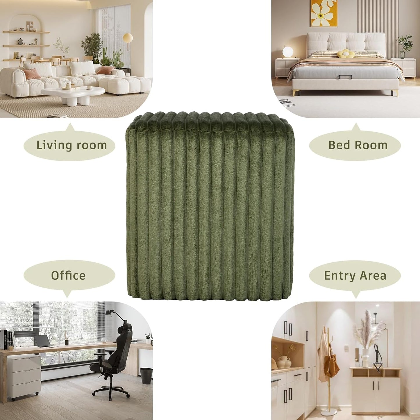 Modern Square Ottoman, Vertical Channel Tufted Foot Stool Ottoman, Velvet Upholstered Vanity Stool for Makeup, Bedroom, Living Room, Dark Green