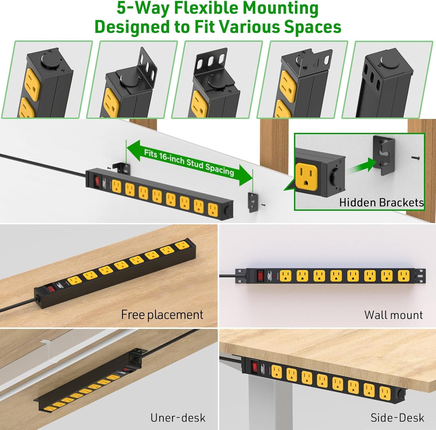 CRST 8 Outlet Metal Heavy Duty Power Strip, 2100 Joules Mountable Surge Protector Power Strip, Slim Power Bar with 6ft 14AWG Cord, ETL Listed