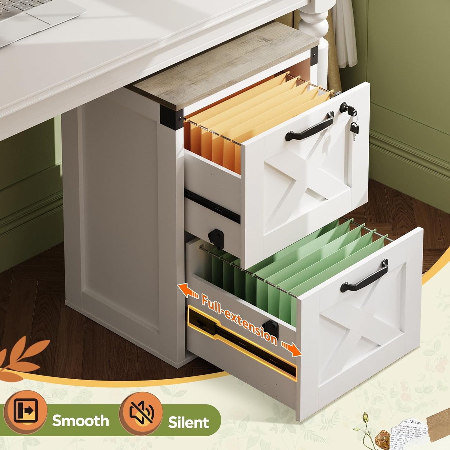 DEVAISE 2 Drawer File Cabinet with Lock, Wood Farmhouse Filing Cabinet for Home Office, Printer Stand Fits Letter and A4 Size, White