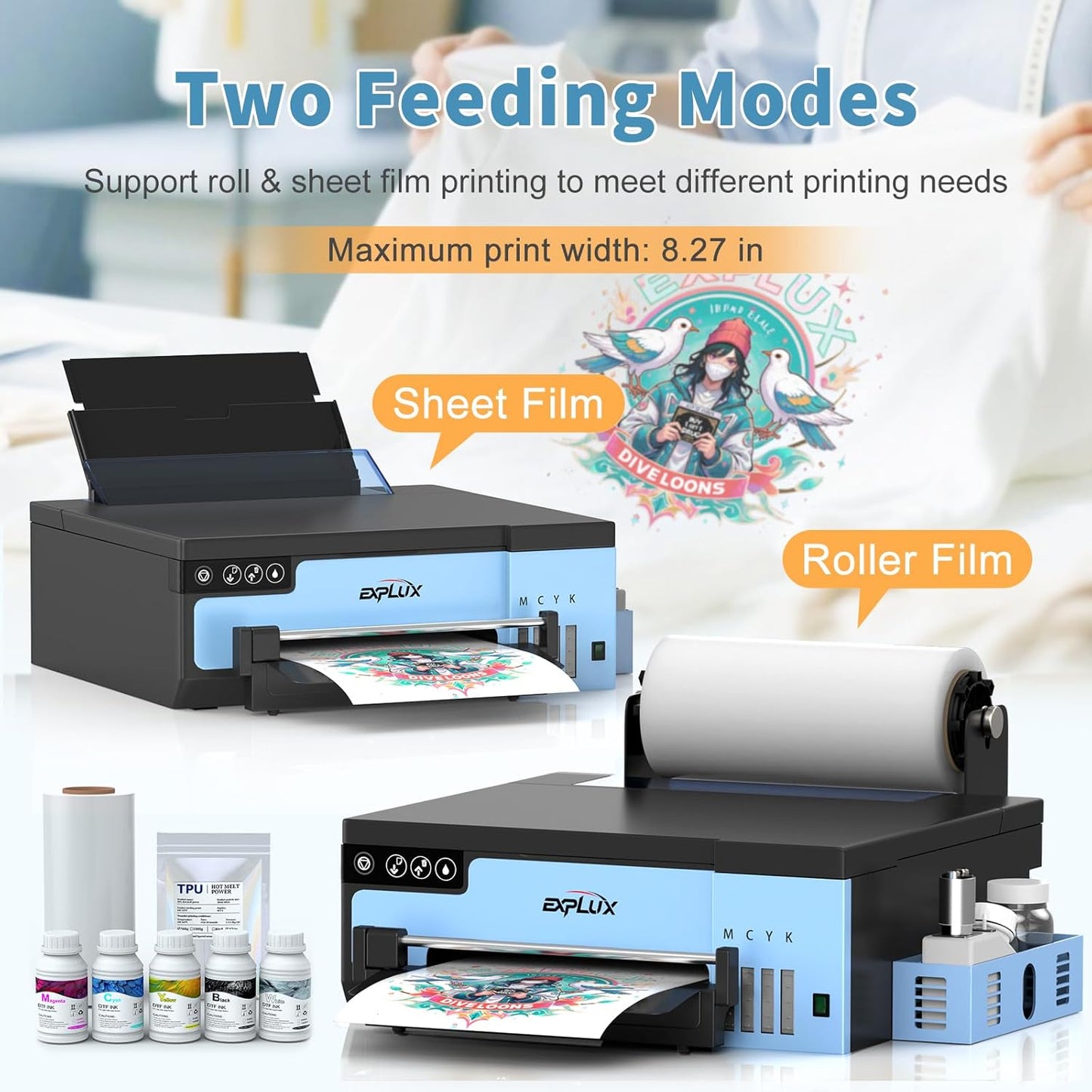 EXPLUX A4 DTF Printer,with XP600 printhead with Anti-Clogging Technology + 200% high Speed Printing,for DIY T-Shirt,Other Textiles,2-Year Ink Included