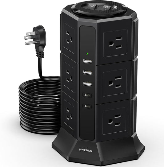 Surge Protector Power Strip Tower, 10FT Ultra Flat Extension Cord with 12 AC Outlets 5 USB Ports(2 Type C), Desktop Charging Station, Flat Plug Outlet Extender for Home Office Dorm