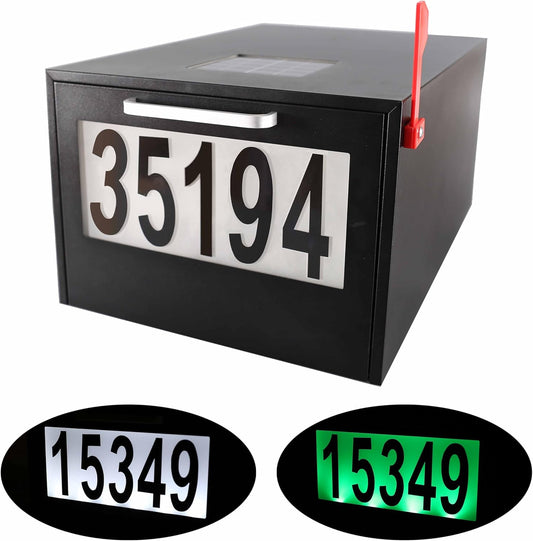 Black Post Mount Mailbox - 2 Lighting Modes Solar Numbers Light Large Capacity Infrared Sensor Illuminated at Night - Iron Numbers Mail Box Outdoor