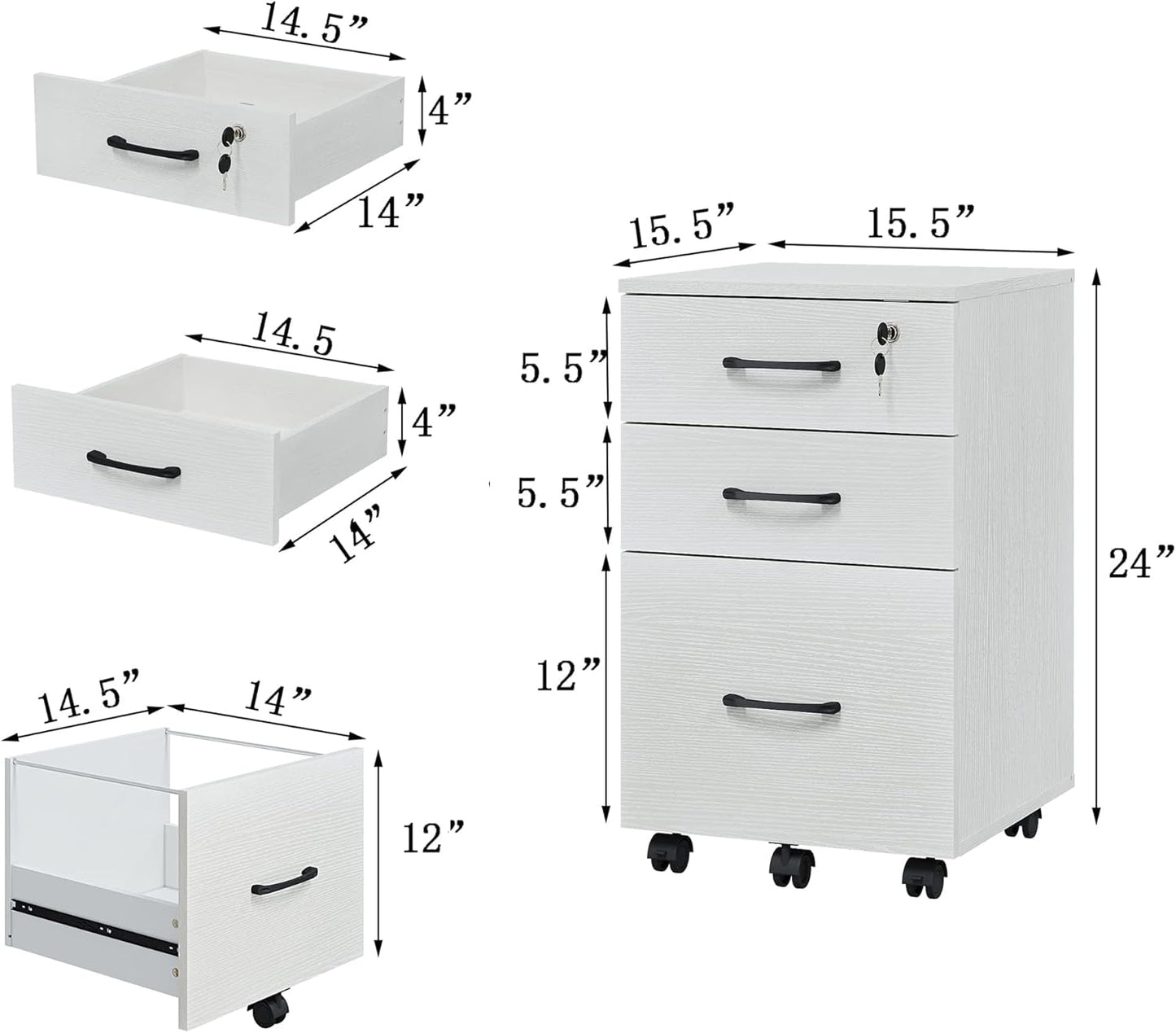 File Cabinet With Lock, 3 Drawer Wood Rolling Filing Under Desk for Home Office, Storage Fits Letter/A4 Size, Mobile Printer Stand, White