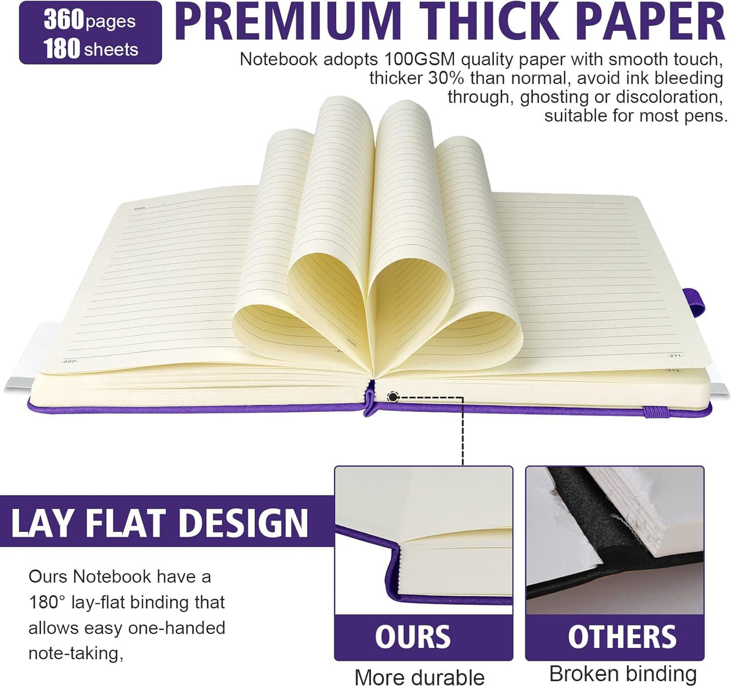 Lined Journal Notebook, 360 Numbered Pages(With page number), Thick Journal for Writing A5 College Ruled Notebook, 100gsm Lined Paper, Leather Hardcover, 5.75'' X 8.38''-1 Pack, Purple