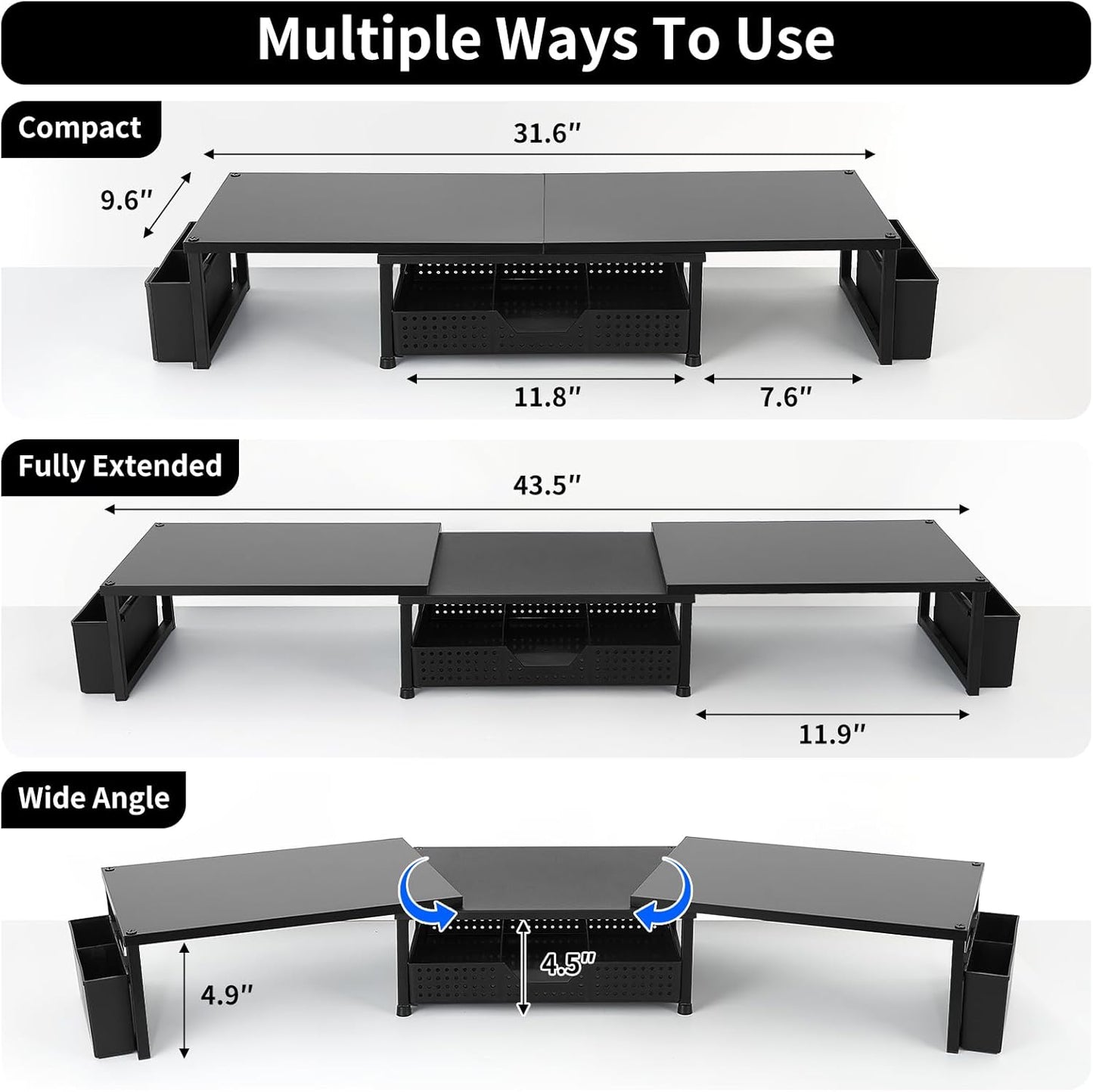 Desk Dual Monitor Stand Riser - Desk Organizer with Drawer and Pen Holders, Office Desk Accessories & Workspace Organization, Computer Monitor Stand for Laptop, Printer, TV(BLACK)