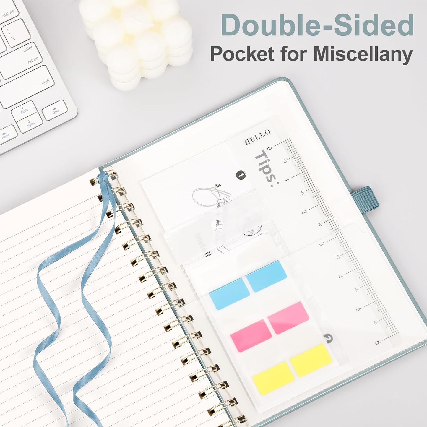 AHGXG Lined Spiral journaling notebooks With Numbered Pages, Hardcover Leather College Ruled Notebook 5.7" x 8.3" A5, light ivory Paper, Notebooks for School Work, Journals for Women,GrayBlue