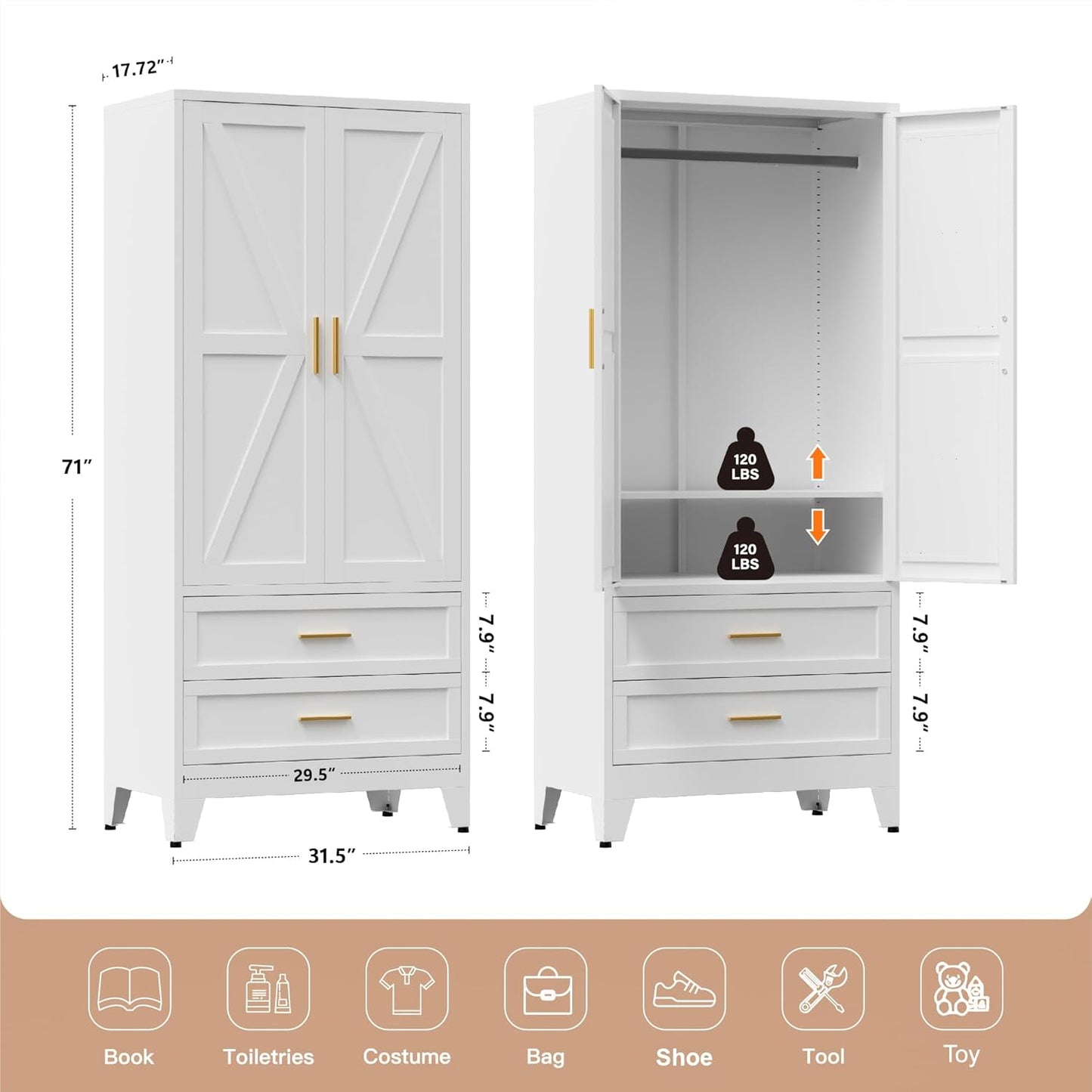71" Tall Metal Wardrobe Cabinet with 2 Drawers and Hanging Rod, 2 Doors Armoire Wardrobe Closet with Shelf for Bedroom, Office, Laundry Room, White