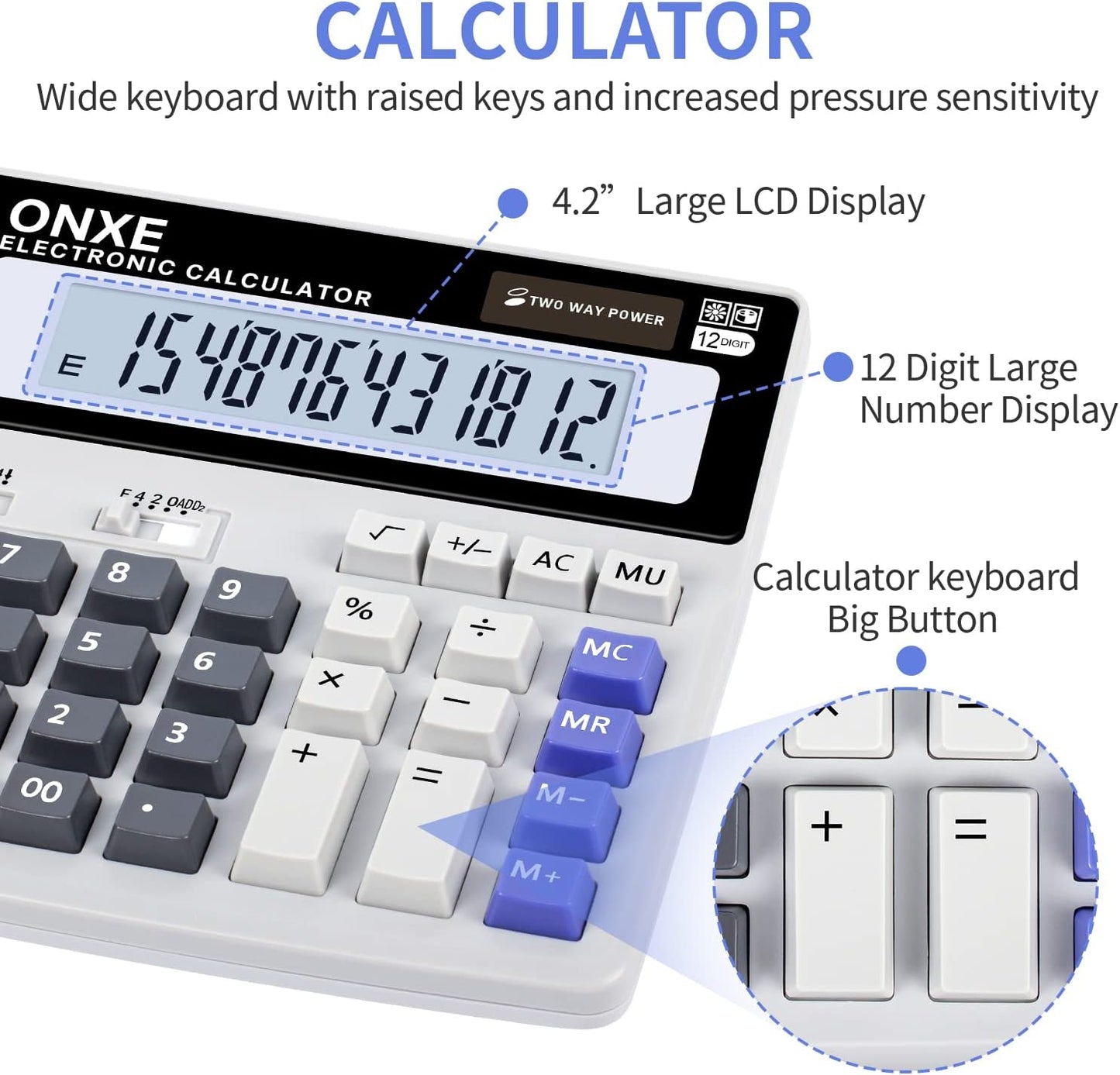 Calculators Desktop,ONXE 12 Digit Large Number LCD Display Office Desk Calculator, Two Way Power Battery and Solar,Big Button Standard Basic 4 Function Basics Calculators for Office Financial