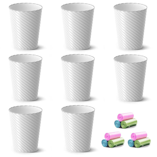 Bathroom Trash Can, 8 Pack 1.8 Gallons Small Trash Can with Trash Bags, Bathroom Garbage Can, Plastic Trash Bin, Round Waste Basket for Bedroom, Office, Kitchen, Room, Compact Space (White)