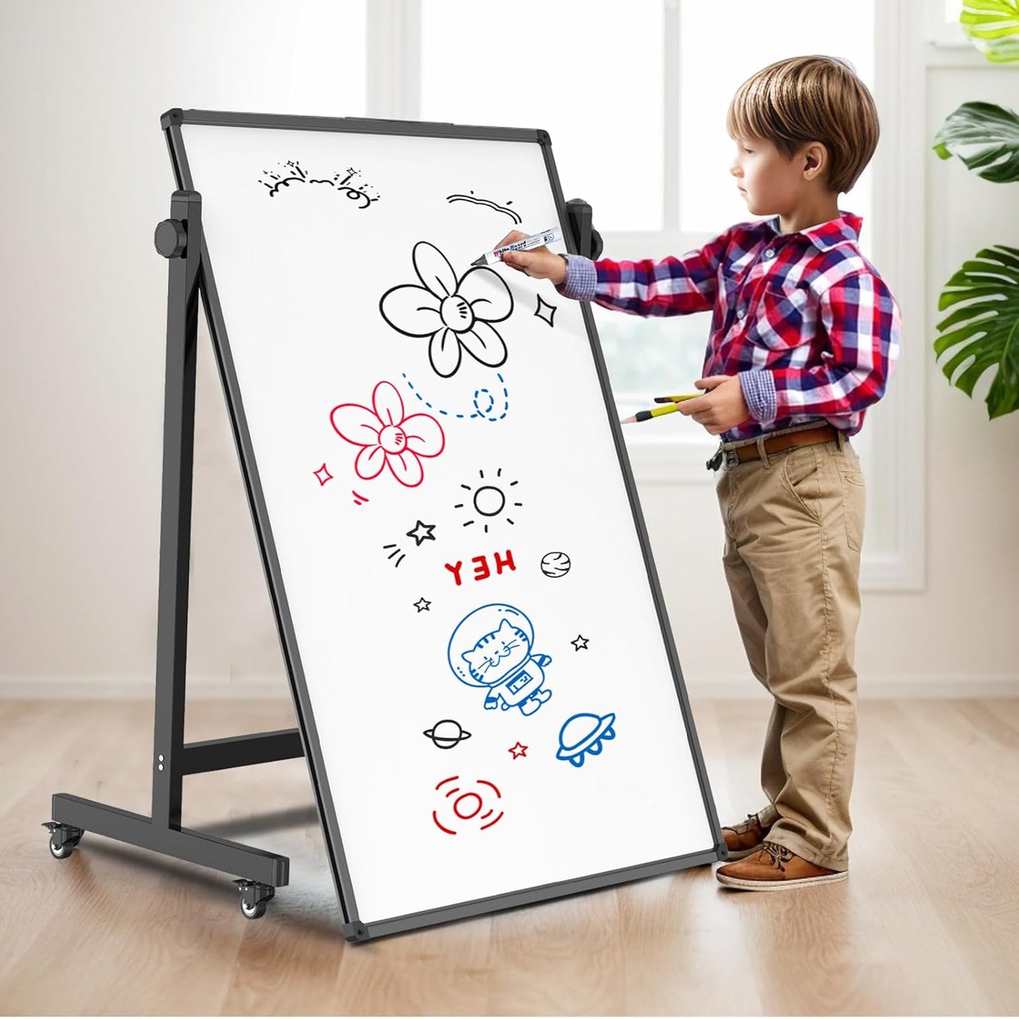 Rolling Whiteboard 40x28 Inches - Adjustable Height Standing Easel Whiteboard on Wheels for Home, Office, Classroom Black