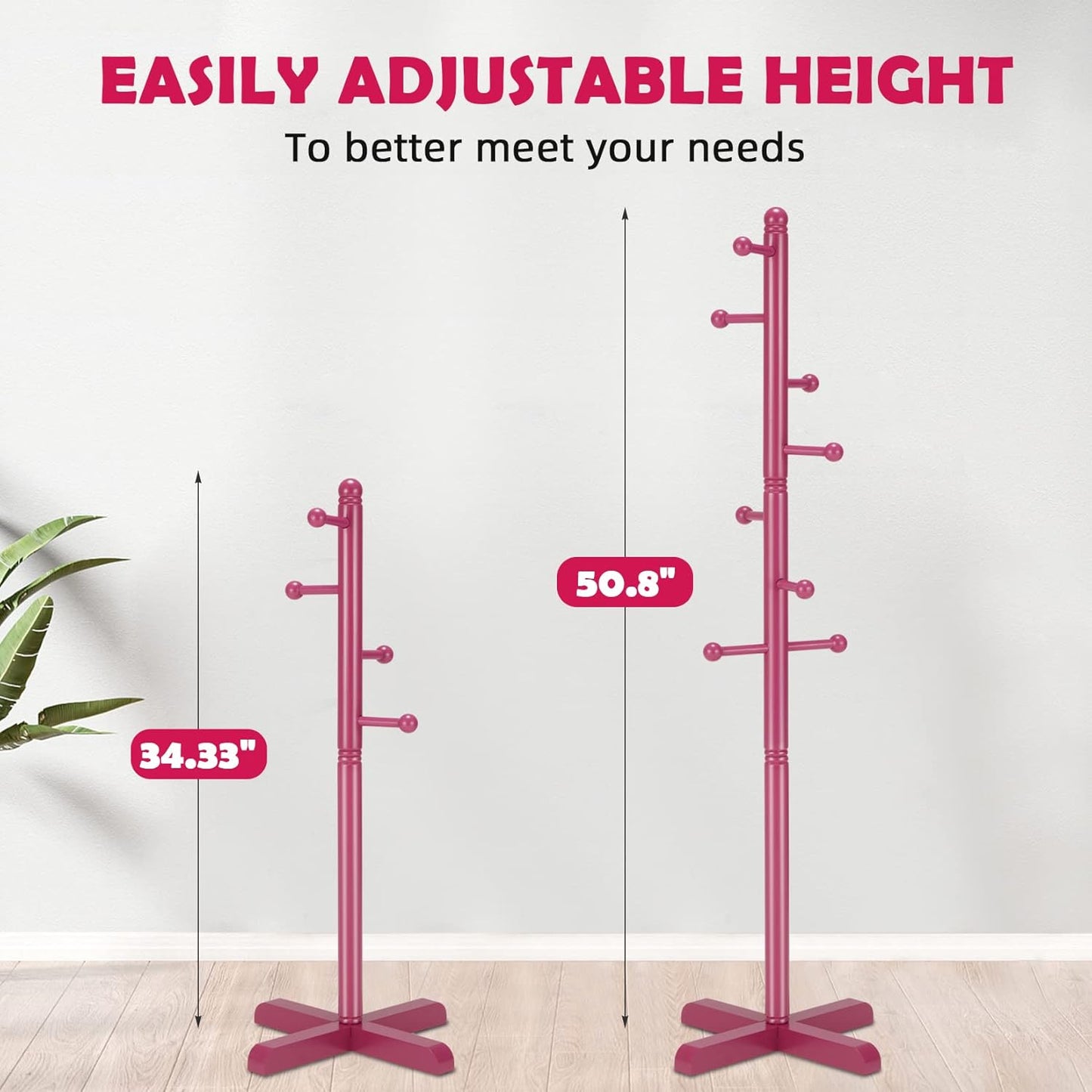 Kids Coat Rack, Freestanding Coat Racks with 8 Hooks 2 Adjustable Height, Tree Coat Rack for Bedroom, Hallway, Entrance, Office, Hats, Handbags,Purse (Dark-Rose)