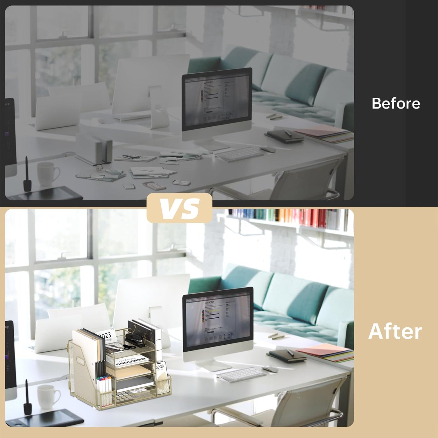 SUPEASY Mesh Desk Organizer with File Holder, 5-Tier Paper Letter Tray Organizer with Magazine Holder, Desktop Organizer and Storage with Drawer for Office Supplies Home or School, Yellow