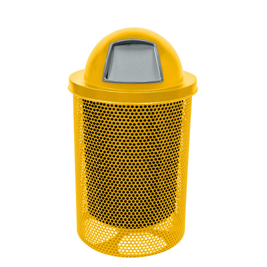Coated Outdoor Furniture 32-Gallon Heavy-Duty Punched Steel Round Trash Receptacle, Commercial Outdoor Waste Bin with Liner & Dome Lid – Made in America (Textured Yellow)