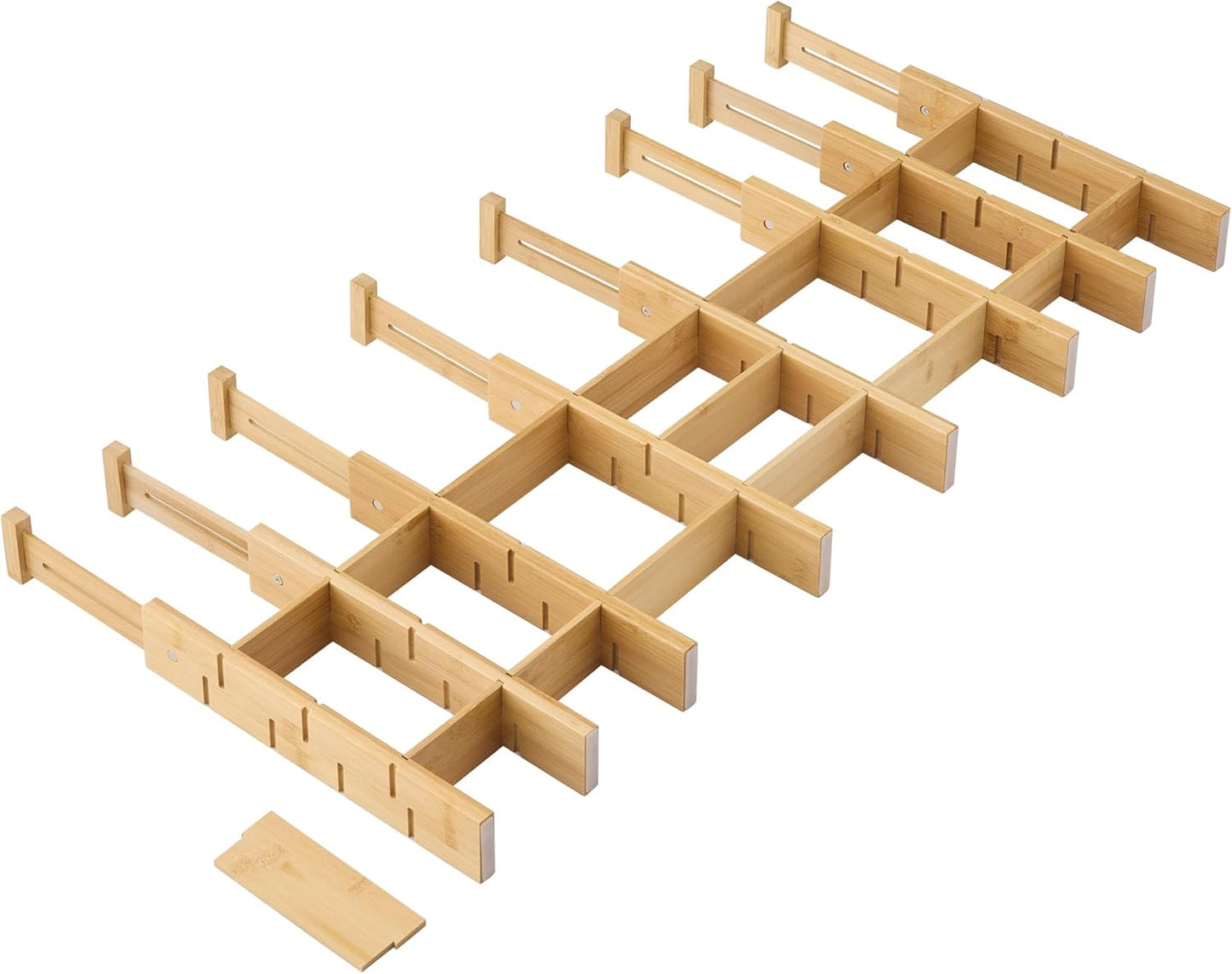 FILWH Bamboo Drawer Dividers with Inserts kitchen drawer organizer Adjustable Expandable 8 Pack Organizer Set for Kitchen Bedroom Bathroom Office 8 Dividers with 16 Inserts (Natural, Small (14-19IN))