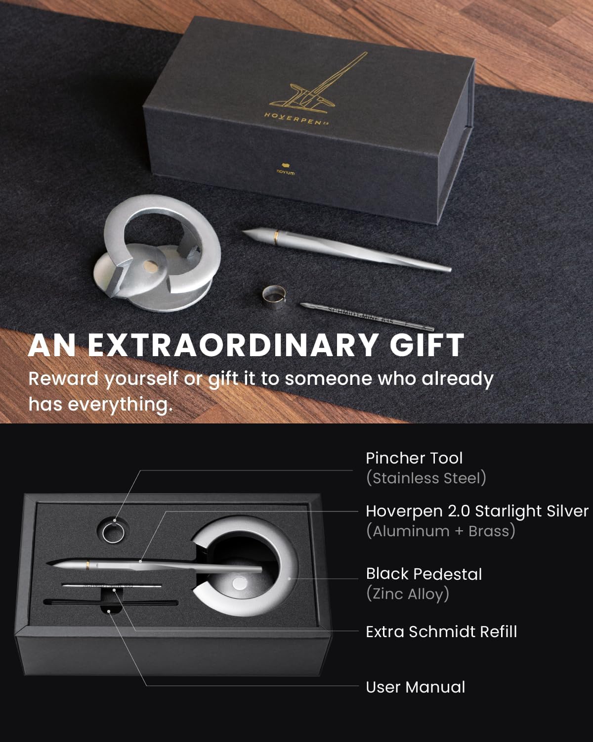 novium Hoverpen Interstellar - Luxury Pen Made With Aerospace Alloys, Unique Aesthetic, Free Spinning Executive Pen, Desk Decor (Starlight Silver, 18K-Gold)