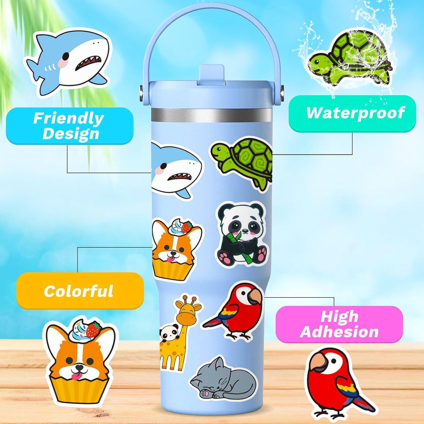 Water Bottle Stickers 100 Pcs Cute Kawaii Animal Sticker Pack, Waterproof Vinyl Animal Stickers for Water Bottles Scrapbook Journal Lunch Box Skateboard Notebook Diary Luggage Guitar Laptop Kindle etc