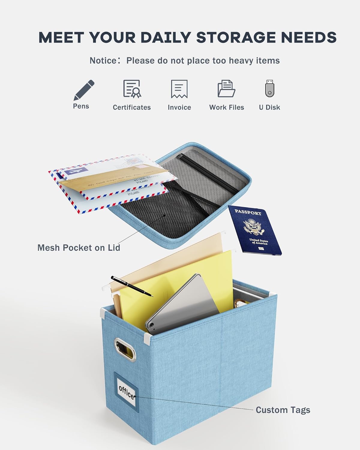 Oterri File Organizer Box with Lid, Hanging Filing File Box with Mesh Pocket, Document Organizer Box for Letter Files, Portable Storage Box with Smooth Sliding Rail for Office&Home (2 PCS, Sky-blue)