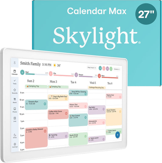 Skylight Calendar Max: 27-Inch Smart Digital Calendar & Chore Chart, Family Organizer with Interactive Touchscreen Display – Wall Mountable in Portrait or Landscape, Classic White Frame