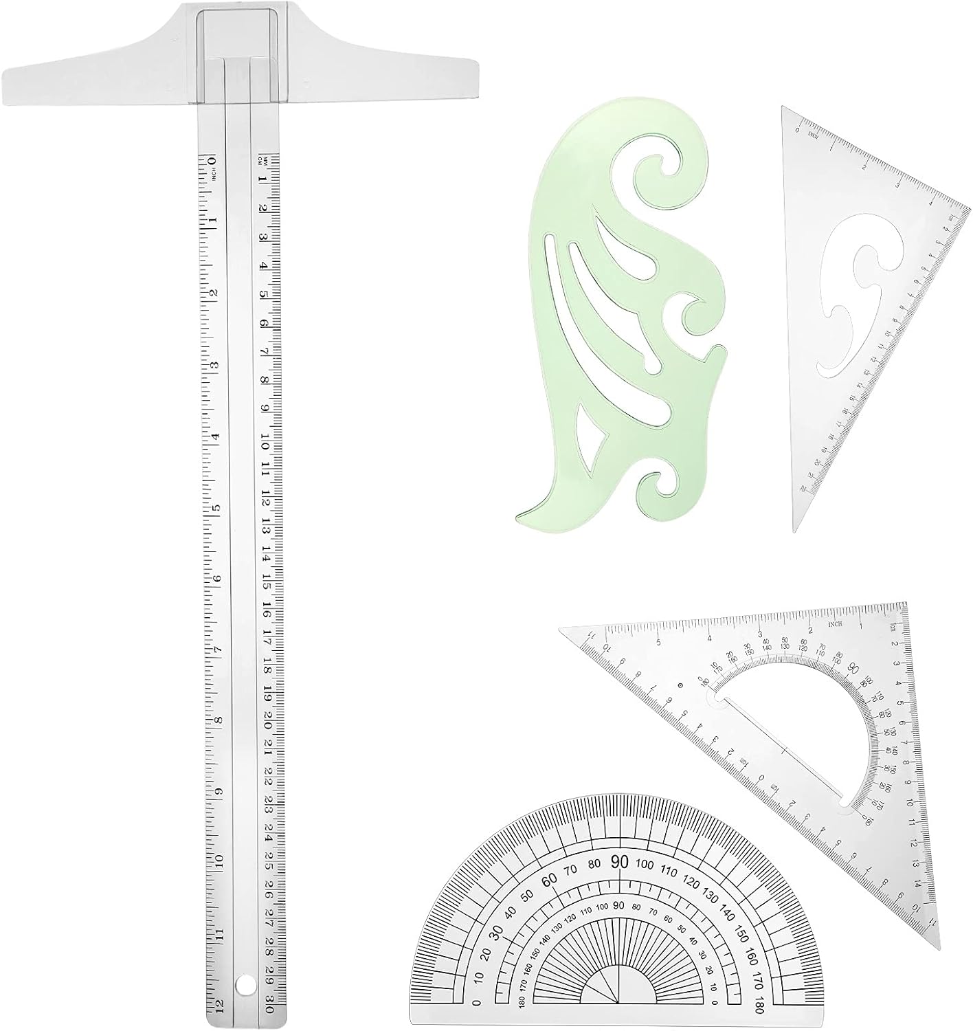 Frienda 5 Pieces Drafting Tools 12 Inch T-Square Ruler Plastic Transparent Drawing Ruler 180 Degree Protractor, 2 Triangles and a French Curve for Students and Engineering Drawing