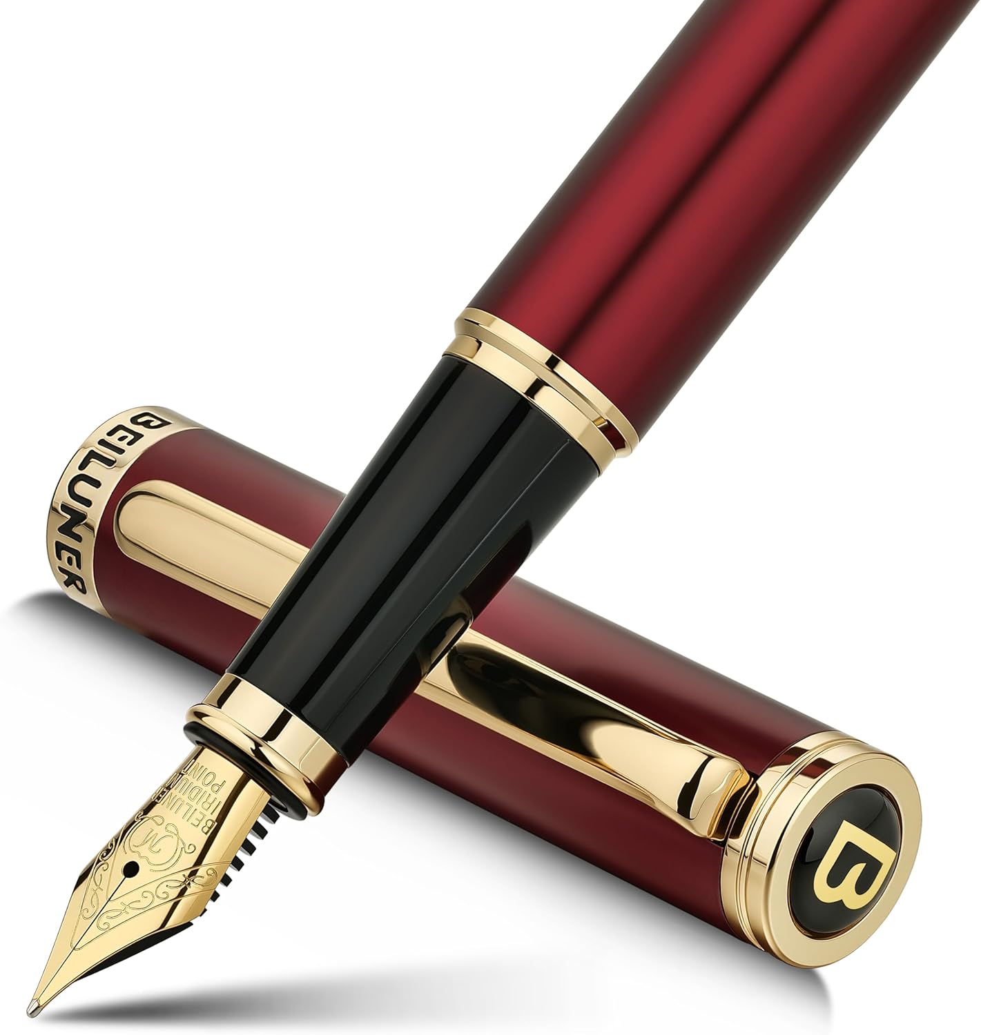 BEILUNER Red Fountain Pen,Stunning Luxury,24K Gilded Nib(Medium),Gorgeous 24K Gold Finish, Ink Converter,Trustworthy Pen Gift for Men&Women-Elegant,Fancy,Executive,Calligraphy, Nice Pens for Writing