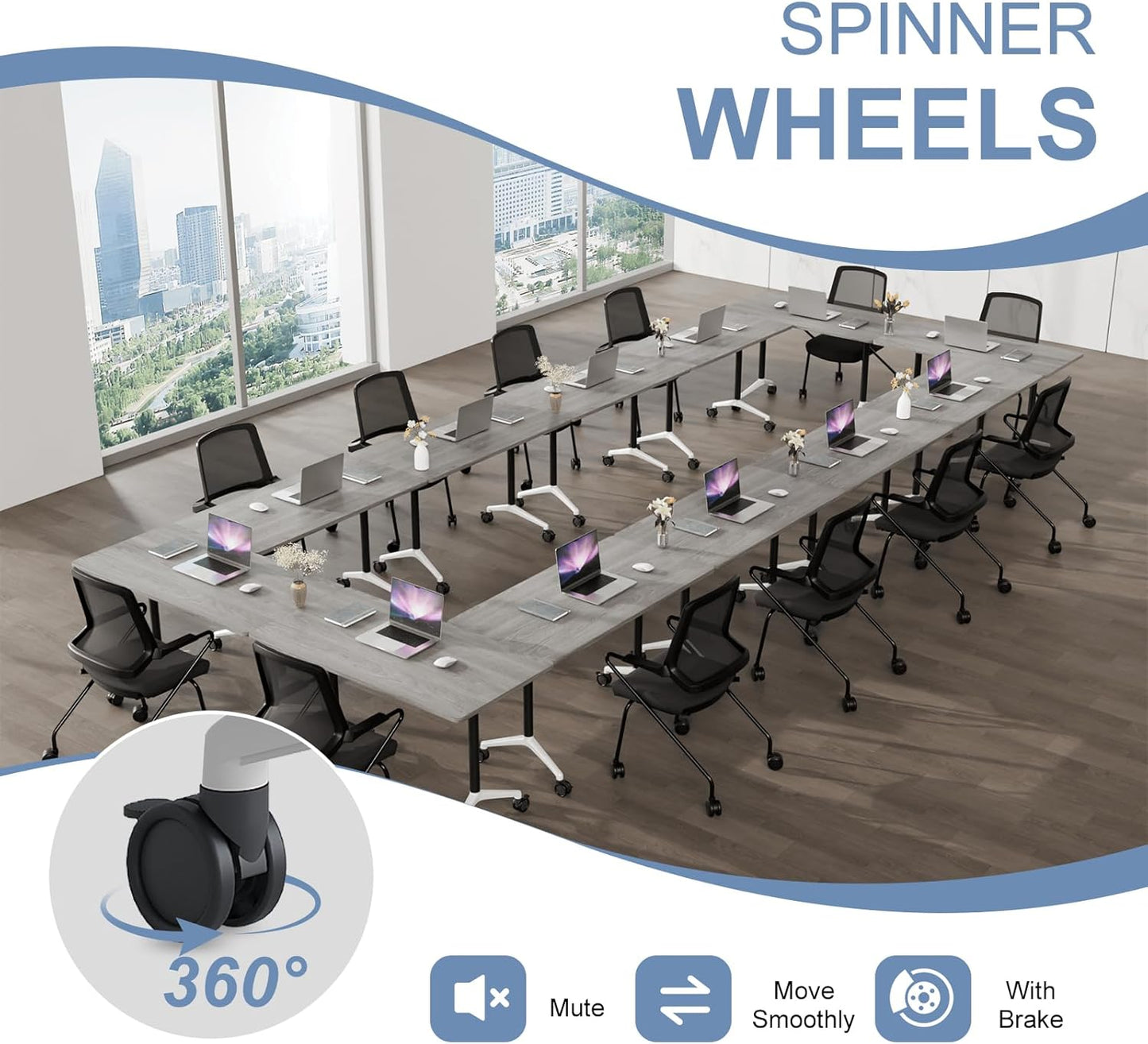 Folding Conference Table, Mobile Training Table for Office Conference, Modern Modular Rectangular Work Desk Meeting Seminar Work Tables with Caster Wheels, Large Breakroom Tables (10Pack L63in)