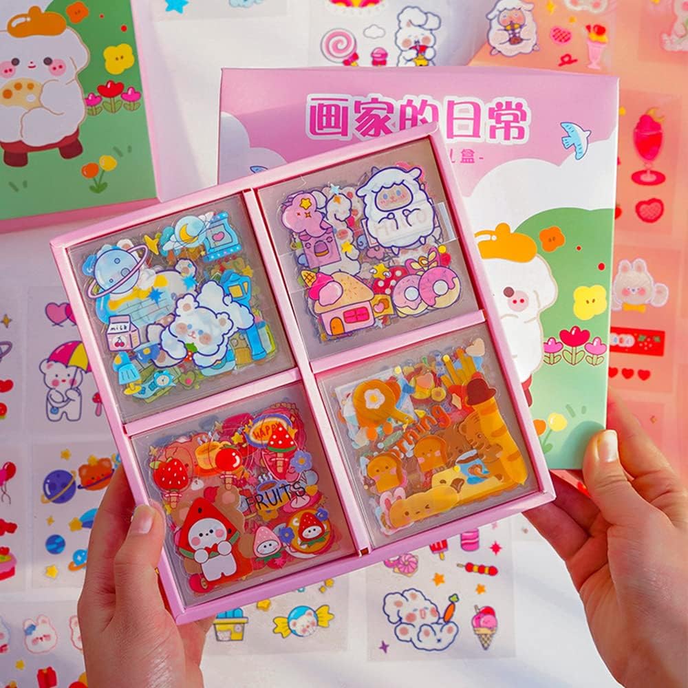 Kawaii Cartoon Rabbit Bear Stickers - EAMOTOL 800 PCS/100 Sheets Transparent PVC Cute Animals Bunny Sticker Kit for Scrapbooking Supplies Planner Clipping Bullet Junk Journals DIY Crafts Letter Cards